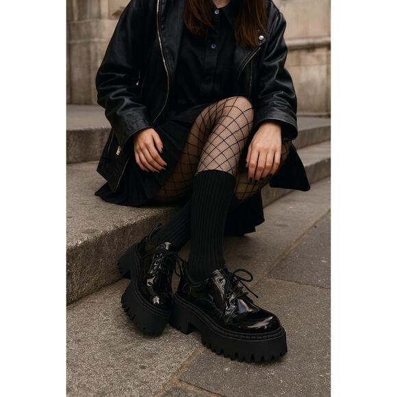 ZARA Loafer Oxford Platform Wedge Blucher NWT Black Patent Size 9 US (40 EU) - Picture 1 of 10